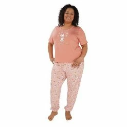 Licensed Character Plus Size Nite Nite By Munki Munki Snoopy Short Sleeve Pajama Top & Pajama Pants Set Daisy Plaid