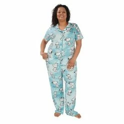 Licensed Character Plus Size Nite Nite By Munki Munki Snoopy Short Sleeve Pajama Shirt & Pajama Pants Set Daisy Plaid