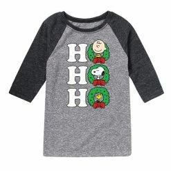 Licensed Character Boys 8-20 Peanuts "Ho Ho Ho" Wreath Raglan Tee Gray Black