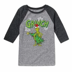 Licensed Character Boys 8-20 Dr. Seuss How The Grinch Stole Christmas Tree Raglan Graphic Tee Blue Gray