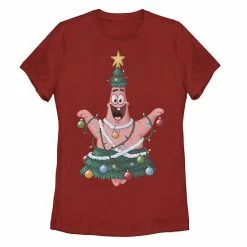 Licensed Character Juniors' SpongeBob SquarePants Patrick Star Christmas Tree Graphic Tee Black