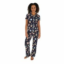 Licensed Character Women's Nite Nite By Munki Munki Grogu Short Sleeve Pajama Shirt & Pajama Pants Set Blue Outer Space