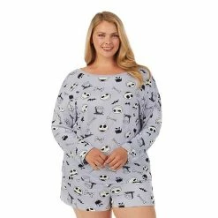 Licensed Character Plus Size The Nightmare Before Christmas Long Sleeve Pajama Top And Pajama Shorts Set Light Purple