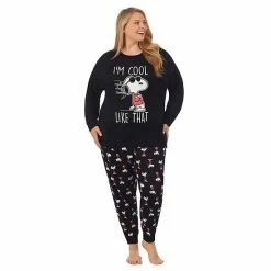 Licensed Character Plus Size Snoopy Long Sleeve Pajama Top & Banded Bottom Pajama Pants Set