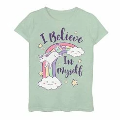 Licensed Character Girls 7-16 I Believe In Myself Unicorn Jumping Rainbow Cartoon Graphic Tee