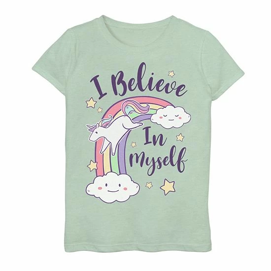Licensed Character Girls 7-16 I Believe In Myself Unicorn Jumping Rainbow Cartoon Graphic Tee 3 Licensed Character Girls 7-16 I Believe In Myself Unicorn Jumping Rainbow Cartoon Graphic Tee