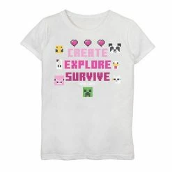Licensed Character Girls 7-16 Minecraft Create Explore Survive Creeper Animals Face Graphic Tee