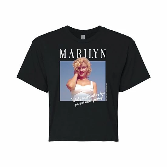 Licensed Character Juniors' Marilyn Monroe "Important" Cropped Graphic Tee Black 3 Licensed Character Juniors' Marilyn Monroe "Important" Cropped Graphic Tee Black