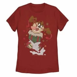 Licensed Character Juniors' Looney Tunes Taz Christmas Ripping Presents Tee Red
