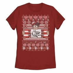 Licensed Character Juniors' Where's Waldo Christmas Waldo Ugly Sweater-Style Graphic Tee