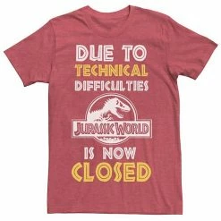 Licensed Character Men's Jurassic World Technical Difficulties Sign Graphic Tee Red Heather