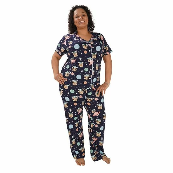 Licensed Character Plus Size Nite Nite By Munki Munki Grogu Short Sleeve Pajama Shirt & Pajama Pants Set Blue Frogs 6 Licensed Character Plus Size Nite Nite By Munki Munki Grogu Short Sleeve Pajama Shirt & Pajama Pants Set Blue Frogs - Image 4