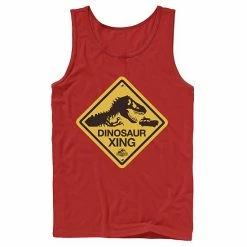 Licensed Character Men's Jurassic Park Dinosaur Crossing Yellow Sign Tank Top Red