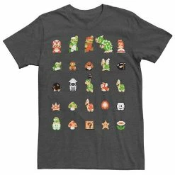 Licensed Character Men's Nintendo Super Mario 8-bit Retro Icon Grid Tee Charcoal Heather