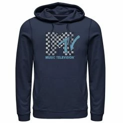 Licensed Character Men's MTV Logo Black And White Checkered Blue TV Hoodie -Licensed Character Shop unnamed file 25654