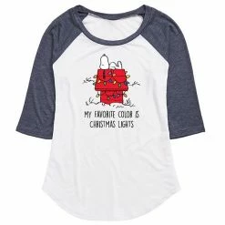 Licensed Character Juniors' Peanuts Christmas Lights Raglan Graphic Tee White Heather Charcoal