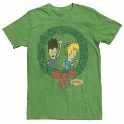 Licensed Character Men's Beavis And Butthead Rock On Christmas Wreath Tee Kelly