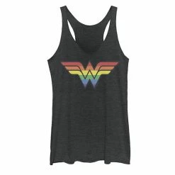 Licensed Character Juniors' Wonder Woman Rainbow Striped Logo Tank Black Heather