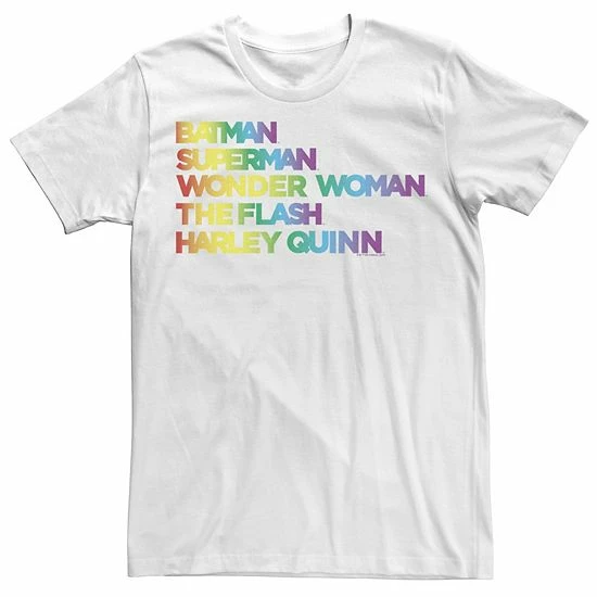 Licensed Character Men's Justice League Member Graidient Rainbow Word Stack Tee White 3 Licensed Character Men's Justice League Member Graidient Rainbow Word Stack Tee White