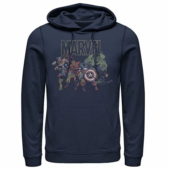 Licensed Character Men's Marvel Avengers Group Action Pose Distressed Logo Outline Hoodie 3 Licensed Character Men's Marvel Avengers Group Action Pose Distressed Logo Outline Hoodie