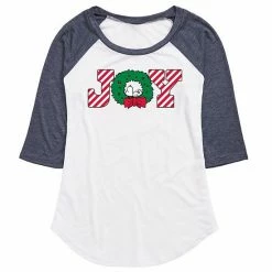 Licensed Character Juniors' Peanuts Joy Wreath Raglan Graphic Tee White Heather Navy