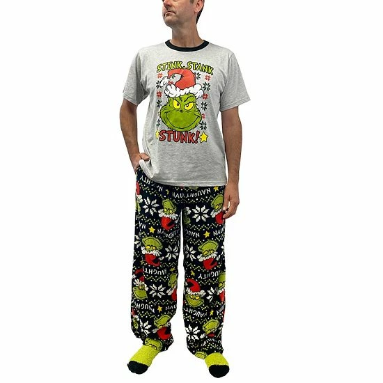 Licensed Character Men's The Grinch Stink Stank Stunk Pajama & Socks Set 3 Licensed Character Men's The Grinch Stink Stank Stunk Pajama & Socks Set