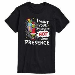 Licensed Character Men's Dr. Seuss Grinch I Want Your Presents Not Presence Tee Blue
