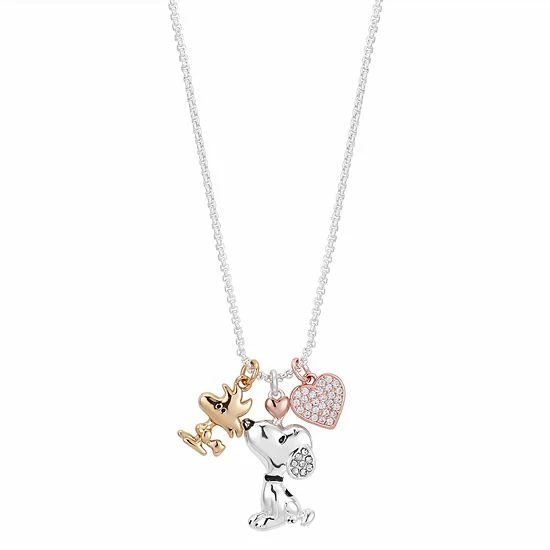 Licensed Character Peanuts Tri-Tone Snoopy, Woodstock, & Crystal Heart Charm Necklace 3 Licensed Character Peanuts Tri-Tone Snoopy, Woodstock, & Crystal Heart Charm Necklace