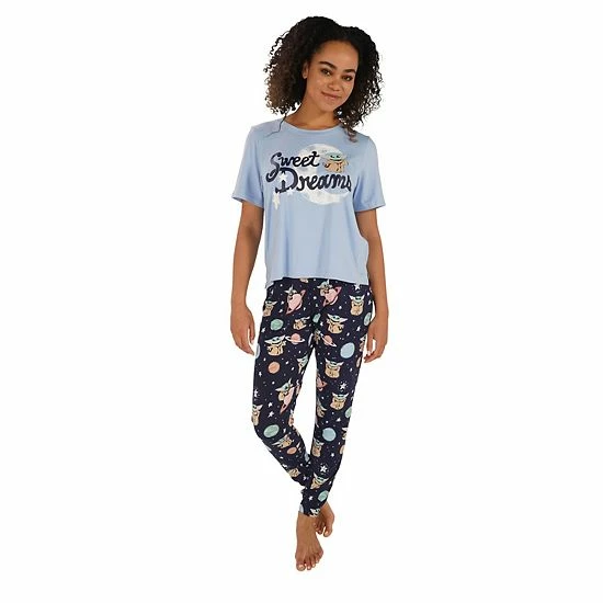 Licensed Character Women's Nite Nite By Munki Munki Grogu Short Sleeve Pajama Top & Pajama Pants Set Blue Frogs 4 Licensed Character Women's Nite Nite By Munki Munki Grogu Short Sleeve Pajama Top & Pajama Pants Set Blue Frogs - Image 2