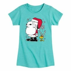 Licensed Character Girls 7-16 Peanuts Santa And Reindeer Graphic Tee Blue