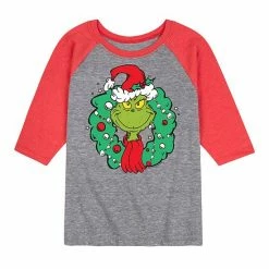 Licensed Character Boys 8-20 Dr. Seuss How The Grinch Stole Christmas Wreath Raglan Graphic Tee Red Gray -Licensed Character Shop unnamed file 7289