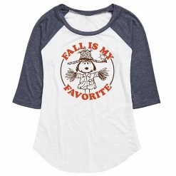 Licensed Character Juniors' Peanuts "Fall Is My Favorite" Scarecrow Snoopy Raglan Graphic Tee White Heather Charcoal