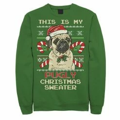 Licensed Character Men's Ugly Christmas Sweater Pug Candy Cane Graphic Fleece Pullover