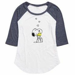 Licensed Character Juniors' Peanuts Snoopy & Woodstock Hug Raglan Graphic Tee White Heather Navy