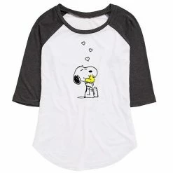 Licensed Character Juniors' Peanuts Snoopy & Woodstock Hug Raglan Graphic Tee White Heather Navy -Licensed Character Shop unnamed file 9580